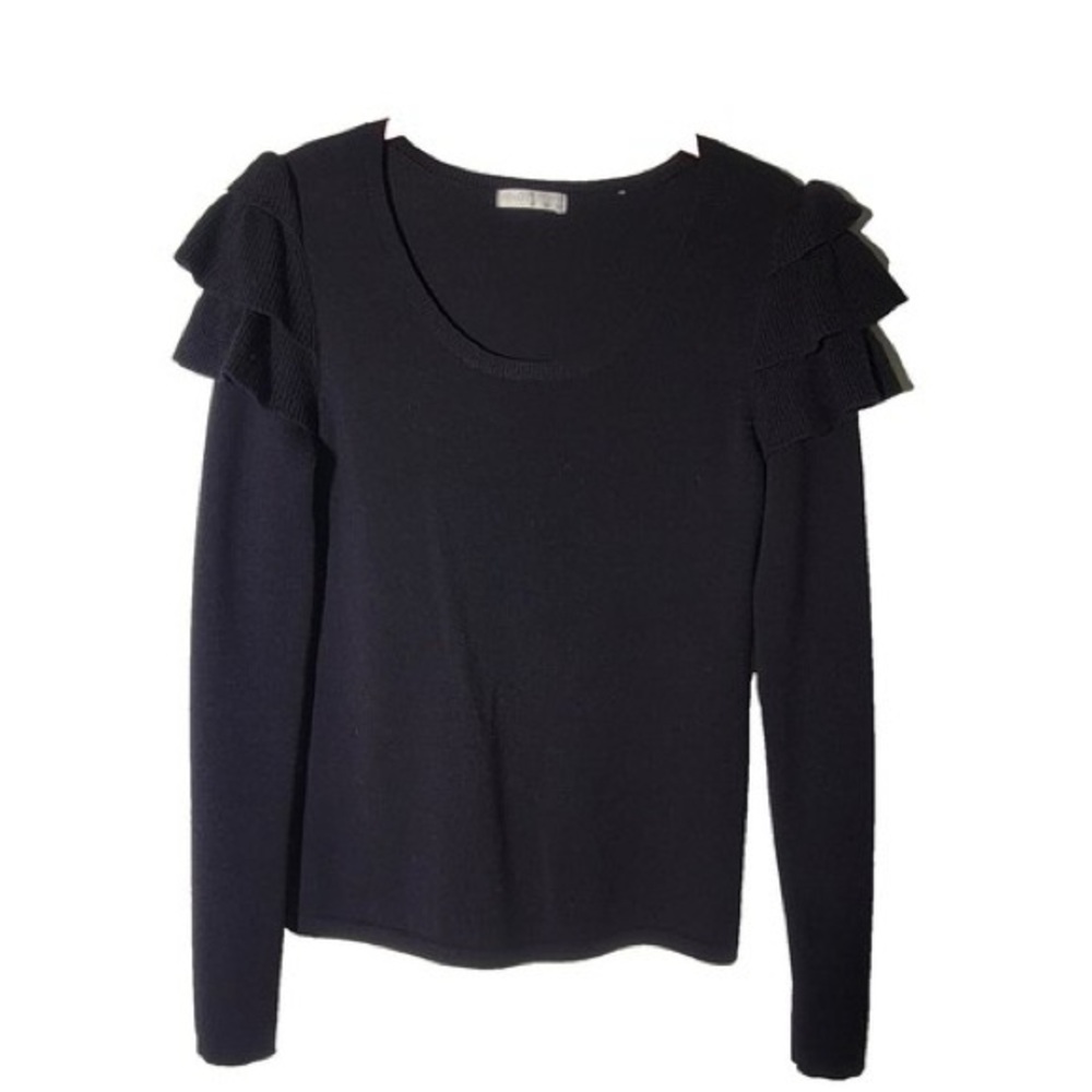 Badgley Mischka Black Ruffle Sleeve 100 % Wool Top